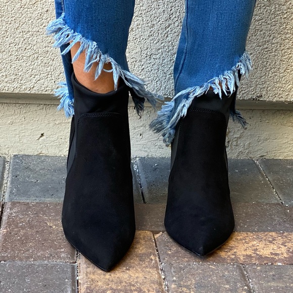 Black Genuine Suede Chelsea Pointy Toe Wedge Boot